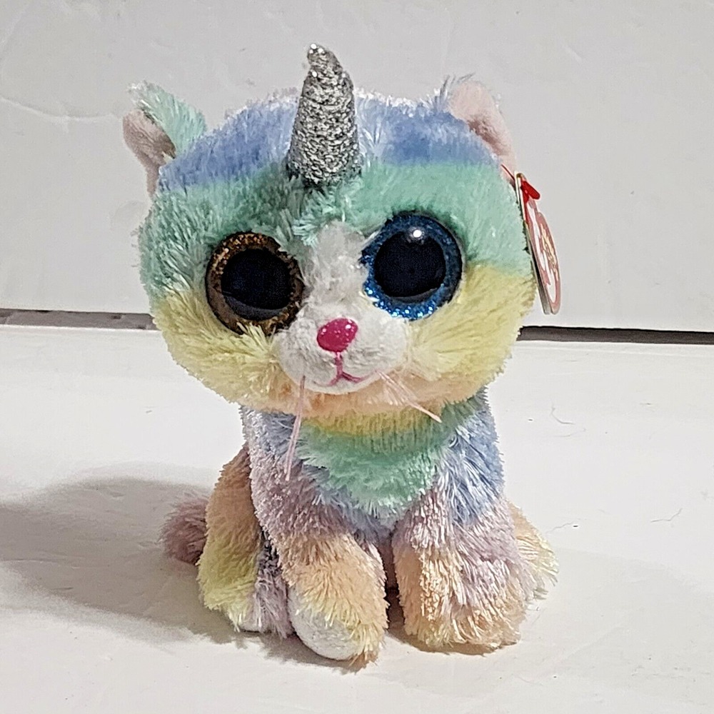 Ty Beanie Boos HEATHER Pastel Rainbow Unicorn Cat Glitter Eyes 2018 New 6"
